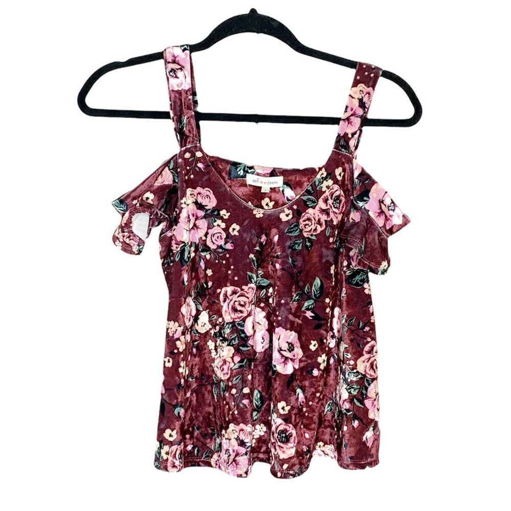 Self Esteem Juniors Top Sz S Strap Cold Shoulder Burgundy Floral Velvet - Picture 2 of 8